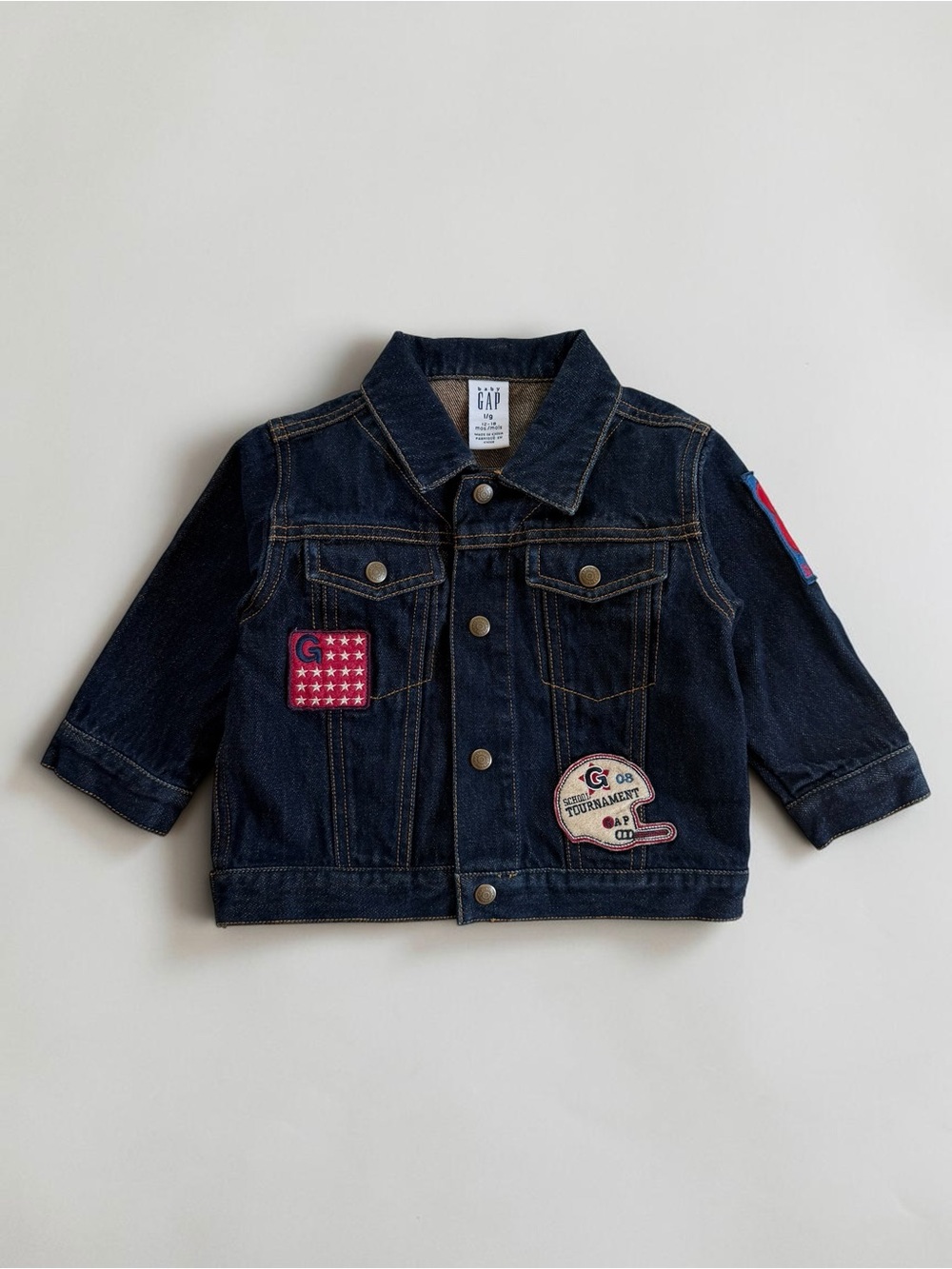 VINTAGE GAP EUC Dark Wash Denim Sports Soccer Football Patch Denim Jacket